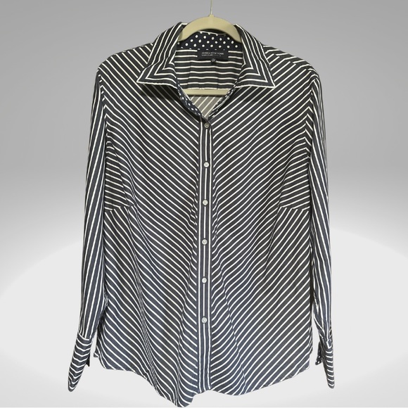 Jones New York Signature Woman Striped Long Sleeve Button Up with Collar Blouse - Picture 1 of 17